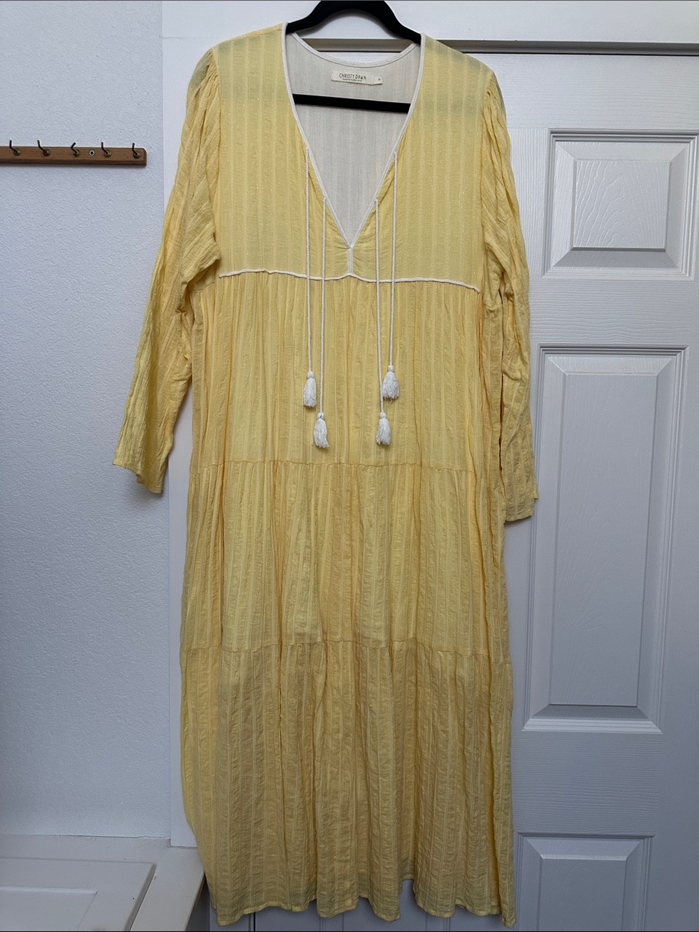 Christy Dawn Pale Yellow Tiered Maxi Dress with Tassel V-Neck